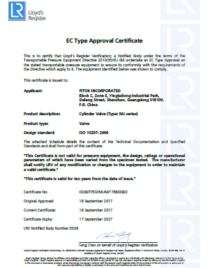 TPED - EC Type Approval (NU Series Cylinder Valves)