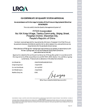PED - EU Certificate of Conformity - Fittings